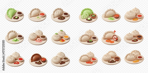 Isometric illustration of various dumplings served on plates with dipping sauces.