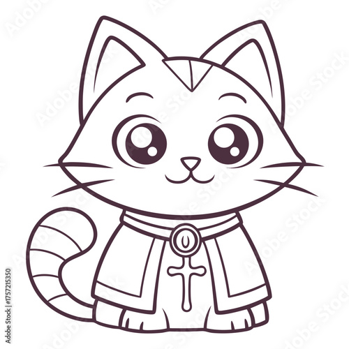Adorable cleric cat character in a robe with a holy symbol, a cute black and white line art illustration for a children's coloring book page