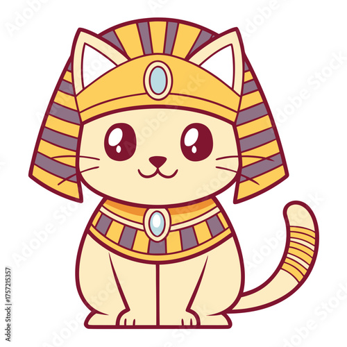 Adorable cartoon kawaii cat dressed as an ancient Egyptian pharaoh with a golden Nemes headdress