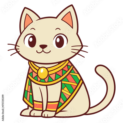 A cute cartoon cat illustration, elegantly adorned with an ornate ancient Egyptian pharaoh-style collar, capturing a regal and charming domestic animal