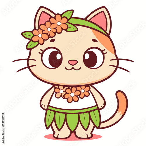 Adorable animated cat character in a vibrant tropical outfit, featuring a bright floral crown and traditional lei, bringing cheerful summer fun and a playful island spirit