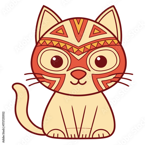 Adorable sitting kitten character wearing a decorative tribal mask, a creative vector illustration of a domestic cat with ethnic patterns