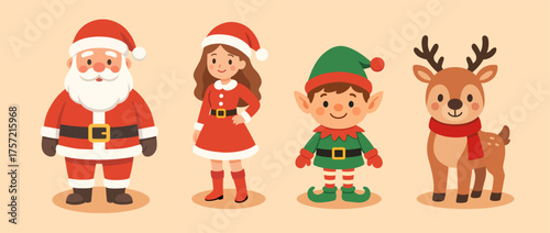 Christmas characters cartoon illustrations vector set. Cartoon clipart for Christmas. Santa Claus, Miss Santa, elf and reindeer