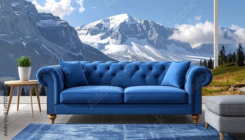 Modern living room with a mountain view