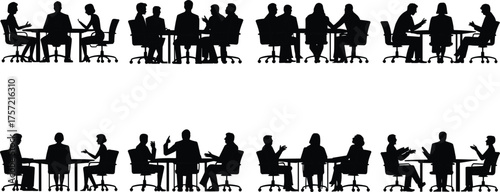 Business meeting silhouettes, professional team discussion, corporate collaboration, group brainstorming at conference table, teamwork communication, office leadership concept