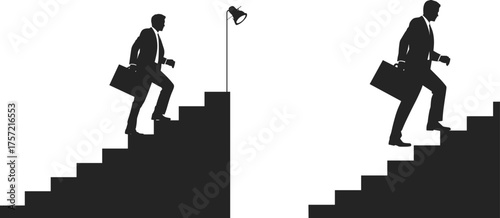 Businessman climbing stairs silhouette, career progression, leadership ambition, corporate success, professional growth concept, achievement motivation illustration