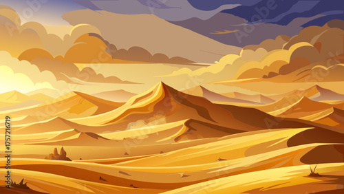 A powerful desert sandstorm sweeping across endless dunes, golden sand swirling through the air, distant camels barely visible, sunlight filtered by thick dust clouds, cinematic desert atmosphere