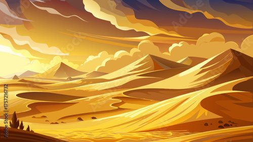 A powerful desert sandstorm sweeping across endless dunes, golden sand swirling through the air, distant camels barely visible, sunlight filtered by thick dust clouds, cinematic desert atmosphere