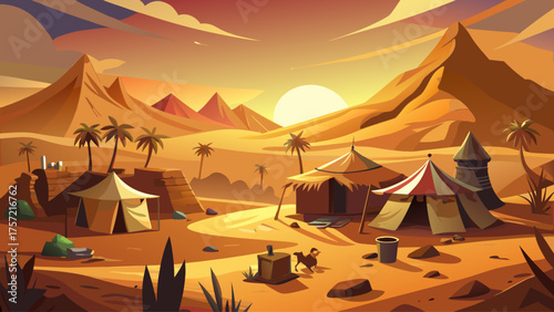 Bedouin camp in desert during sandstorm, tents flapping, camels resting beside dunes, golden haze surrounding scene, ancient nomadic life under nature’s power