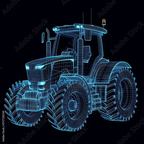 Blue wireframe tractor on photo black background farm vehicle agricultural machinery