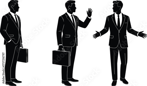 Businessman silhouettes in conversation, professional communication, corporate discussion, teamwork interaction, leadership concept, formal office attire illustration