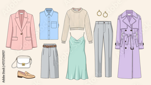 Elegant Women's Spring Fashion Flat Lay: Blazers, Dresses, Trousers, and Accessories