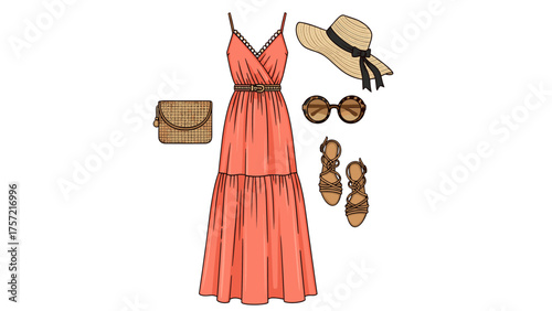 Stylish Summer Outfit Flat Lay Illustration: Coral Maxi Dress, Straw Hat, Sunglasses, Clutch, Sandals. Vacation Fashion.