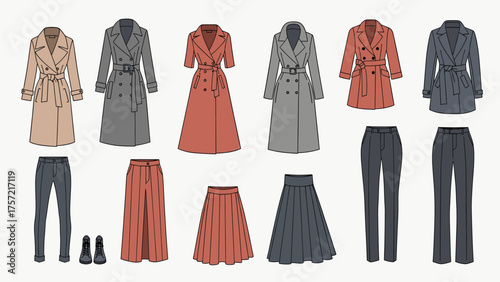 Autumn/Winter Women's Fashion Collection. Illustrated Trench Coats, Skirts, Pants, and Boots for Apparel Design