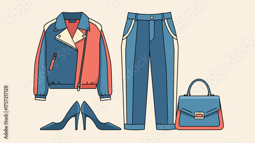Stylish Color Block Women's Outfit Illustration: Jacket, Pants, Heels, Handbag