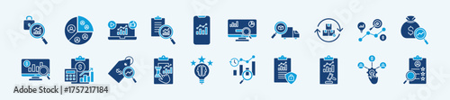 Business analytics thin icon set containing fraud detection, customer segmentation, social media analytics, text analysis, mobile analytics
