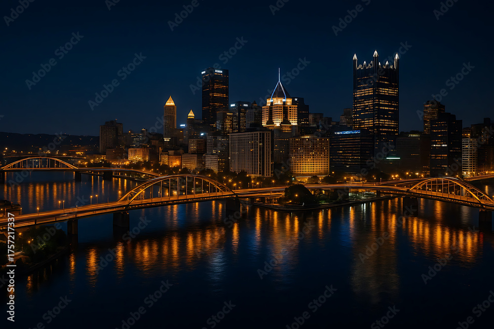 Obraz premium Night City Skyline with Bridge Lights – Urban Reflection and Modern Architecture