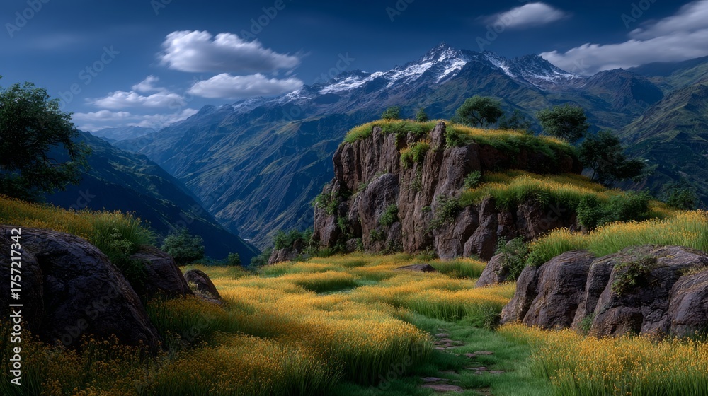 Fototapeta premium Majestic Mountain Valley With Wildflowers Under Dramatic Sky, Serene Landscape Vista