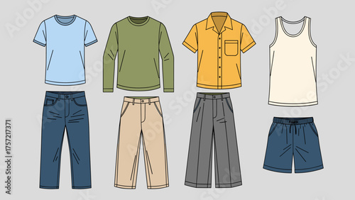 Flat Vector Illustration: Casual Basic Clothing Collection. Men's and Women's Apparel Set with T-shirts, Shirts, Pants, Jeans, Shorts, Tank Top.