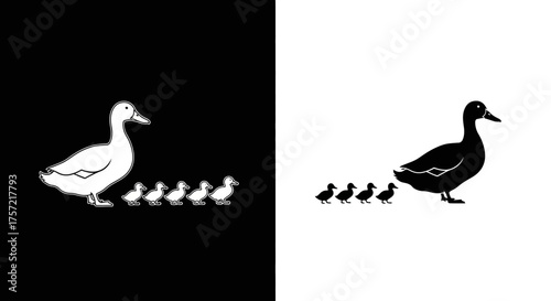 Minimalist Vector Illustration of a Mother Duck and Ducklings in a Row Black and White Silhouette