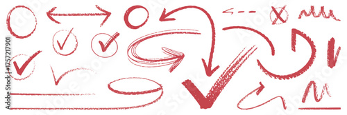 Collection of hand drawn red chalk arrows circles checkmarks and x marks vector illustration silhouette vector illustration white background