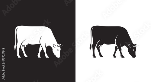 Logo Template Vector of a Minimalist Grazing Dairy Cow Silhouette in Black and White