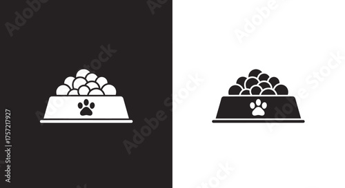 Simple Pet Food Bowl Vector Icon with Paw Print Symbol for Animal Care
