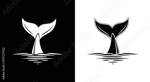 Minimalist Whale Tail Vector Logo with Ocean Waves in Black and White