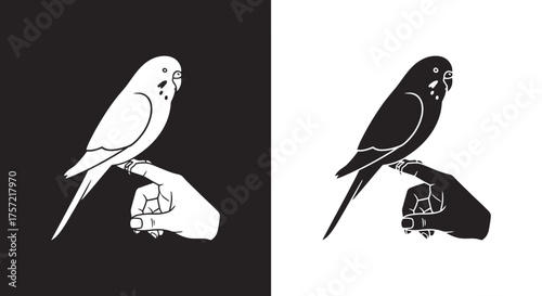 Minimalist Budgie Vector Icon of a Parakeet Bird on a Hand in Black and White Silhouette Style