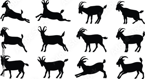 Goat silhouettes in various standing, walking, and jumping poses, farm animal illustration set for agriculture, wildlife, and design projects