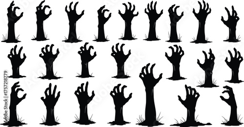 Horror hand silhouettes, spooky arms rising from ground, Halloween scary gesture collection, dark dramatic resurrection theme, creepy zombie hands, supernatural fear illustration design set