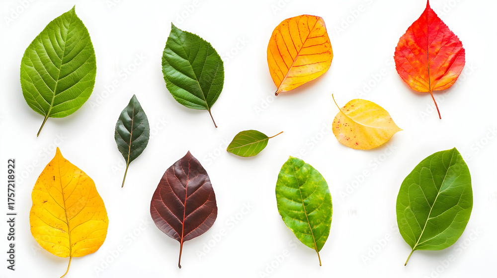 Obraz premium Colorful leaves in flat lay style display fall foliage. Autumn backdrop for seasonal themes, social media, and educational presentations.