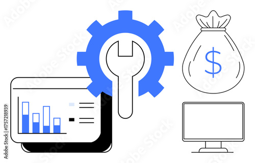 Gear and wrench represent optimization bar chart for data analysis money bag for finances monitor for digital tools. Ideal for business, technology, data, finance, strategy, planning, innovation