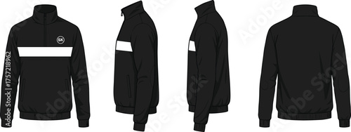 Black track jacket mockup, white stripe sportswear design, athletic fashion apparel template, front back side view, unisex clothing illustration, casual streetwear outerwear, technical drawing style