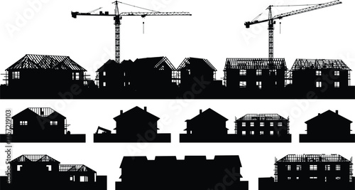 Residential construction silhouettes, tower cranes, house building stages, architecture development, urban housing, structural framework, real estate, construction site, vector illustration