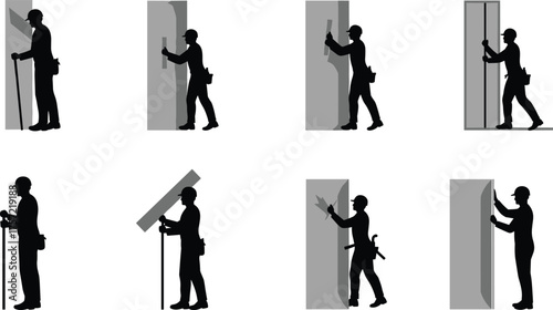 Construction worker silhouette sequence, drywall installation process, measuring, lifting, positioning, securing panels, hard hat safety, tool belt, building industry, educational training,