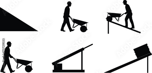 Silhouette worker pushing wheelbarrow, construction labor icon, man with cart on slope, physics inclined plane, heavy load transport, industrial effort, mechanical advantage illustration