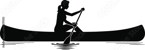Silhouette of woman paddling canoe on calm water, peaceful outdoor adventure, nature exploration, kayaking scene for design use