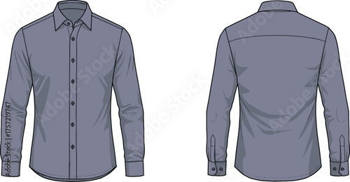 Long sleeve shirt front back view, button up shirt fashion flat, garment design template, apparel vector illustration, clothing mockup, classic collar shirt style
