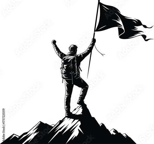 Silhouette of victorious hiker on mountain peak, raising flag, symbol of achievement, adventure, perseverance, success, inspirational journey