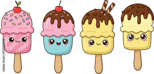 Cute cartoon ice cream popsicles, kawaii dessert characters, colorful summer sweets, chocolate topping, sprinkles, cherries, wafer sticks, cheerful faces, playful illustration, fun food design