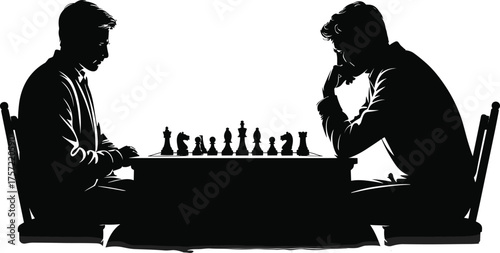 Two men playing chess in silhouette, strategic thinking game concept, competition, intelligence, focus, challenge, black and white vector art illustration