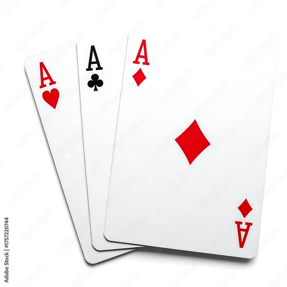 Obraz premium A winning hand of three aces playing cards, featuring hearts, clubs, and diamonds, fanned out and isolated on a clean white background