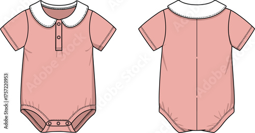 Baby romper flat sketch, short sleeve infant clothing design, Peter Pan collar romper, front placket buttons, snap closure bottom, back seam, elastic leg openings, garment template