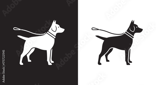Minimalist Dog on Leash Vector Icon Set in Black and White Silhouette Style