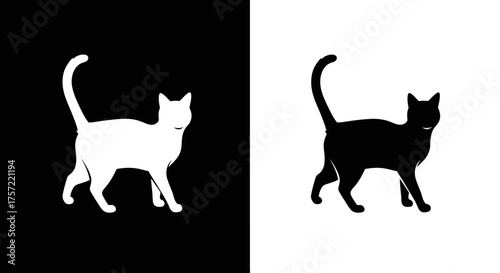 Minimalist Walking Cat Silhouette Vector Icon in Black and White
