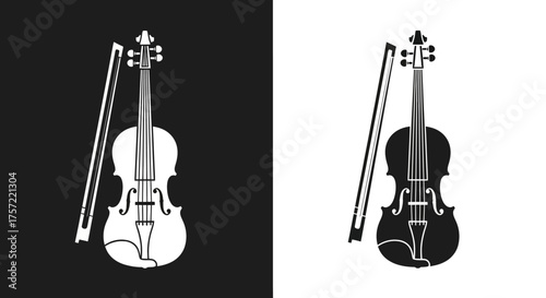 Classic violin and bow silhouette vector illustration set.