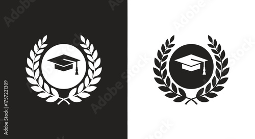 Minimalist Education Vector Icon Set with Graduation Cap and Laurel Wreath Emblem in Black and White