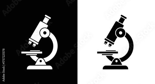 Black and white microscope icon for science and laboratory.