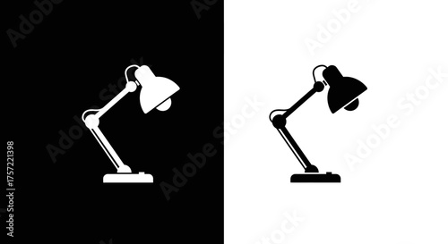 Black and white icon set of an adjustable office table lamp.